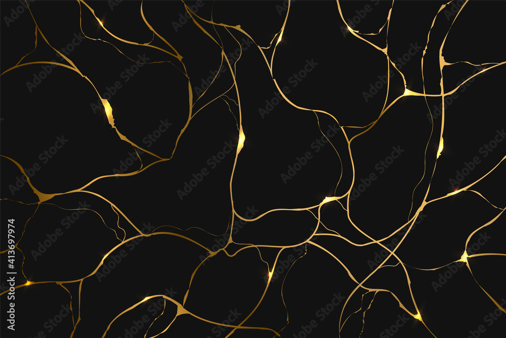 Gold kintsugi on black background. Crack and broken effects. Marble