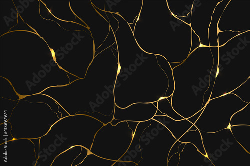 Gold kintsugi on black background. Crack and broken effects. Marble texture. Luxury design for wall art, wallpaper, wedding card, social media. Modern vector illustration. photo