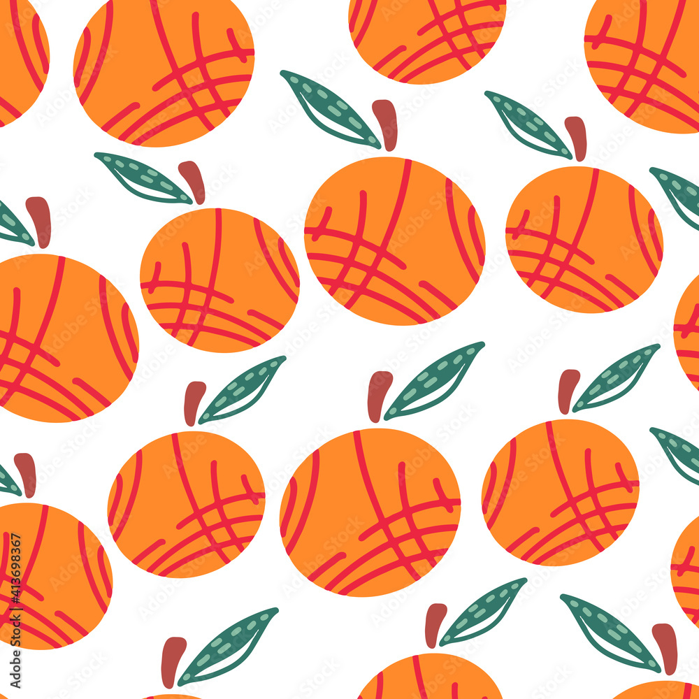 beautiful orange fruit realistic pattern with green leaves texture on white.