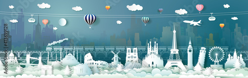 Travel landmarks of Europe with train, balloon.