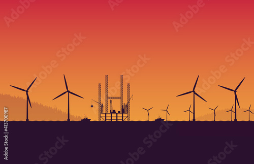 silhouette underconstruction Offshore Oil rig platform station site in sea and wind turbine on orange gradient background