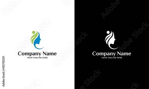 nature beauty care logo design, beauty face with green leaf logo design vector template on a black and white background.