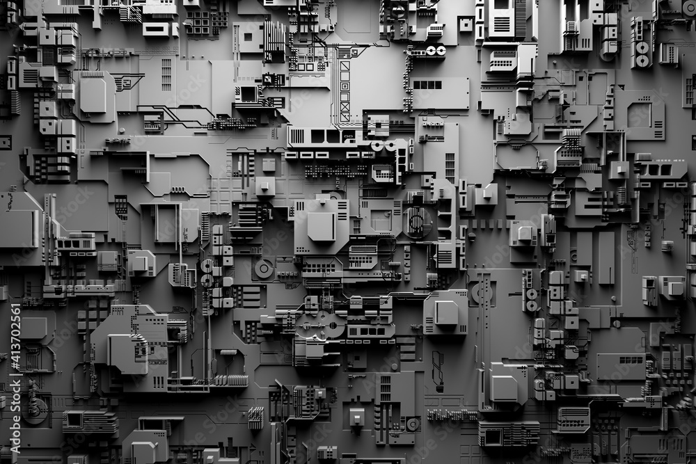 Detail of a futuristic  machine. 3D illustration of a futuristic wall made of various details under  white lights. Cyberpunk background. Industrial wallpaper. Grunge details