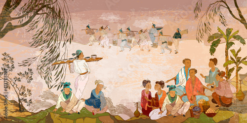 Ancient China. Hand-drawn vector illustration. Oriental people. Tea ceremony. Traditional Chinese paintings. Tradition and culture of Asia. Classic wall drawing. Murals and watercolor asian style