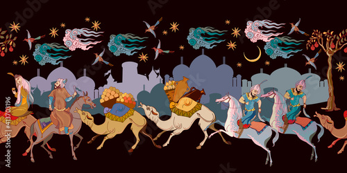 Middle East. Fairy tales and legends. Ancient civilization murals. Seamless patern. Persian frescoes. Medieval miniature. Mughal art. Ottoman Empire book miniature. Thousand and One Nights