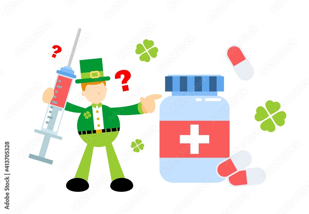 leprechaun shamrock celtic and drug health medic industry cartoon doodle flat design style vector illustration