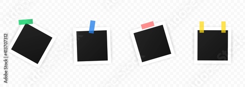Set of vintage photo frames with adhesive tape. Photo realistic vector. Empty framing for your design. Vector EPS 10. Isolated on transparent background