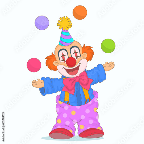 A colorful clown playing with colored balls 