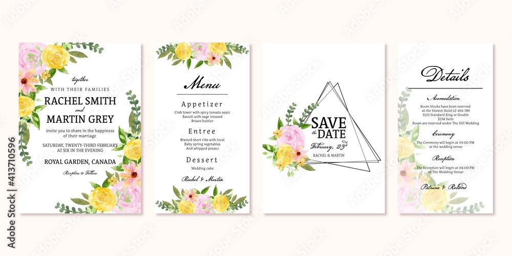 Cute Yellow Pink Rustic Vintage Floral Wedding Invitation Set