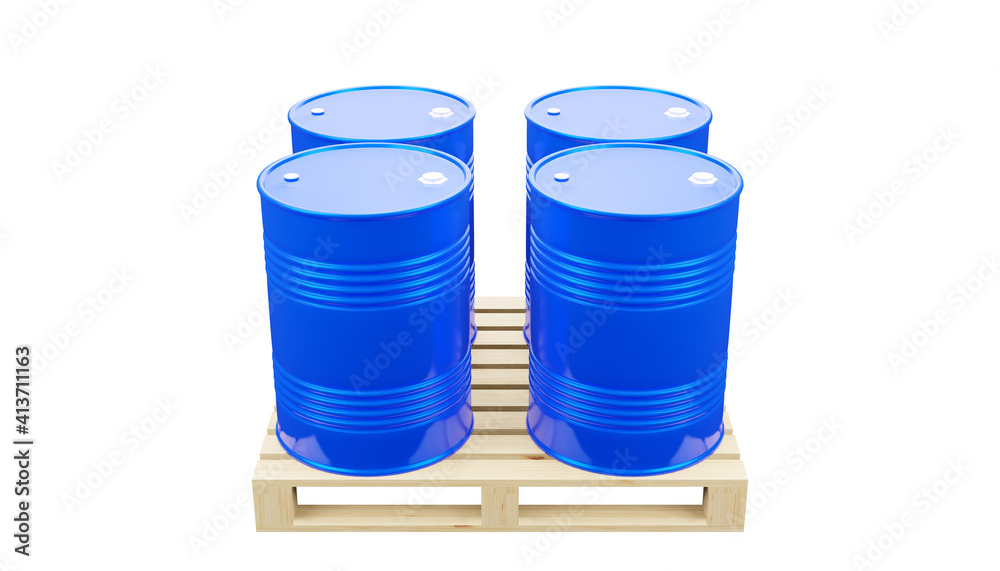 3d render of a group of blue metal barrels on a pallet.Illustration of a digital image for industrial and business. 3d render of a group of blue metal barrels on a pallet.Illustration of a digital image for industrial and business.
