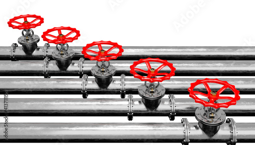 3D render glossy metal pipes with valves on a white background.Illustration of a digital image for industrial.