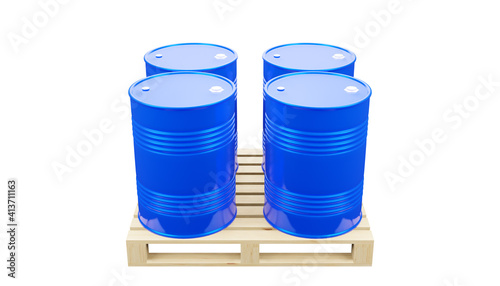 3d render of a group of blue metal barrels on a pallet.Illustration of a digital image for industrial and business.