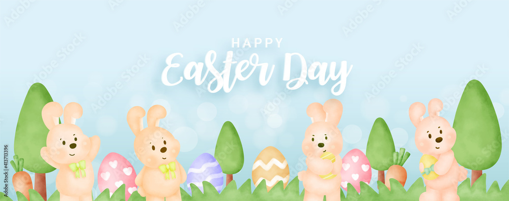 Easter day banner with  cute rabbiits and easter eggs.