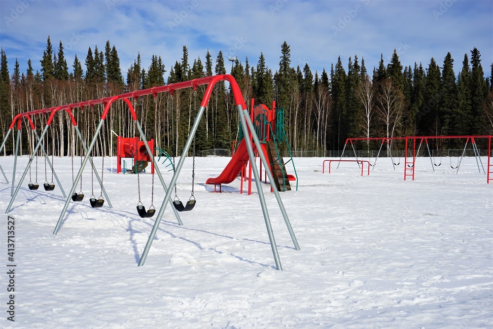 Winter park, Swing and slide with snow in Fairbanks, Alaska. background - 冬の公園 雪景色 滑り台 ブランコ フェアバンクス アラスカ Winter park, Swing and slide with snow in Fairbanks, Alaska. background - 冬の公園 雪景色 滑り台 ブランコ フェアバンクス アラスカ