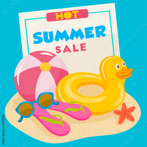 Card with various objects alluding to the summer season 
