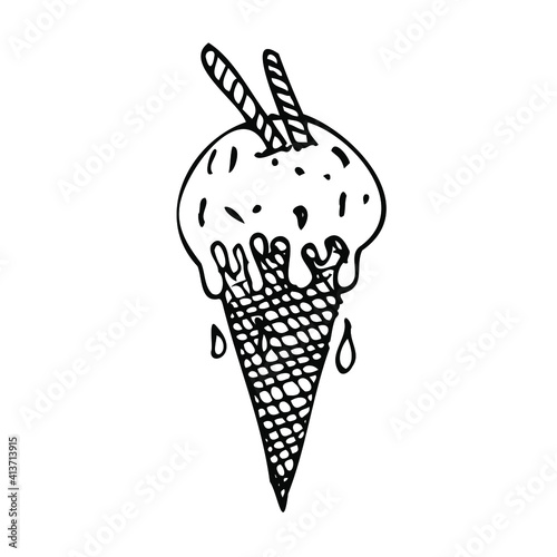 Vector Ice cream with glazed, waffles tubules and smudges isolated on the white background for menu cafe, bar, children food, restaurant