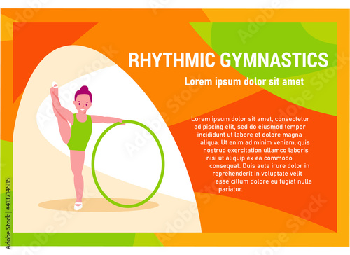 Banner rhythmic gymnastics for children. Little girl with a hoop. Vector illustration in flat cartoon style.