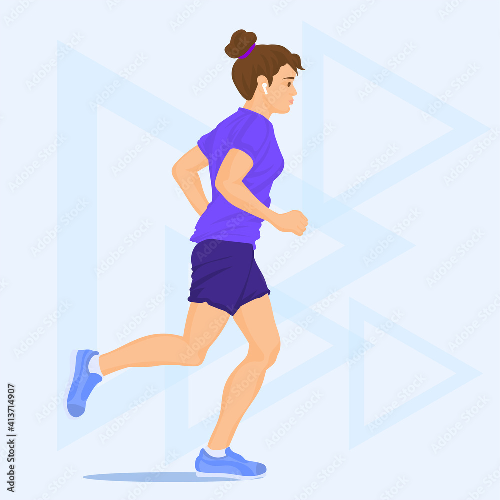 Slim girl jogging with headphones in her ears Slim girl jogging with headphones in her ears