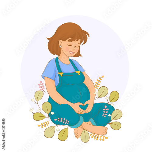 A beautiful mother is waiting for her baby surrounded by flowers 