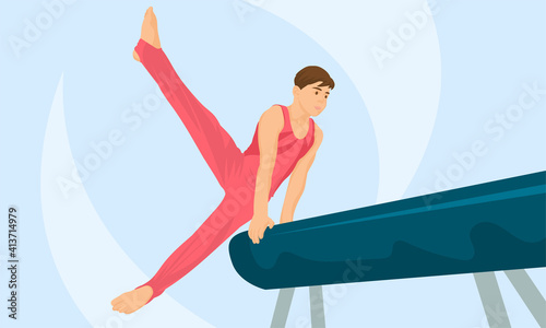 A young man does gymnastics on a pommel horse 