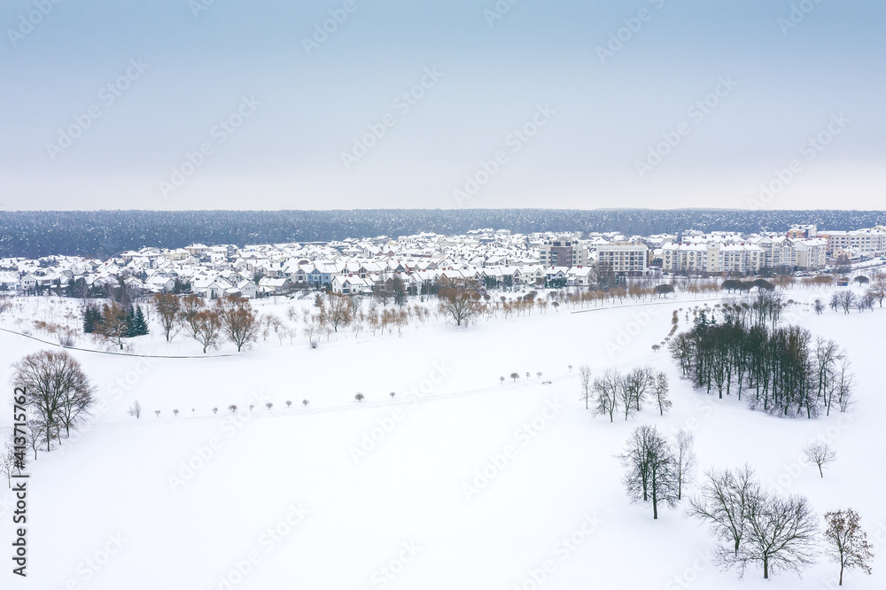 aerial panoramic view of traditional housing suburbs at winter time. Minsk, Belarus