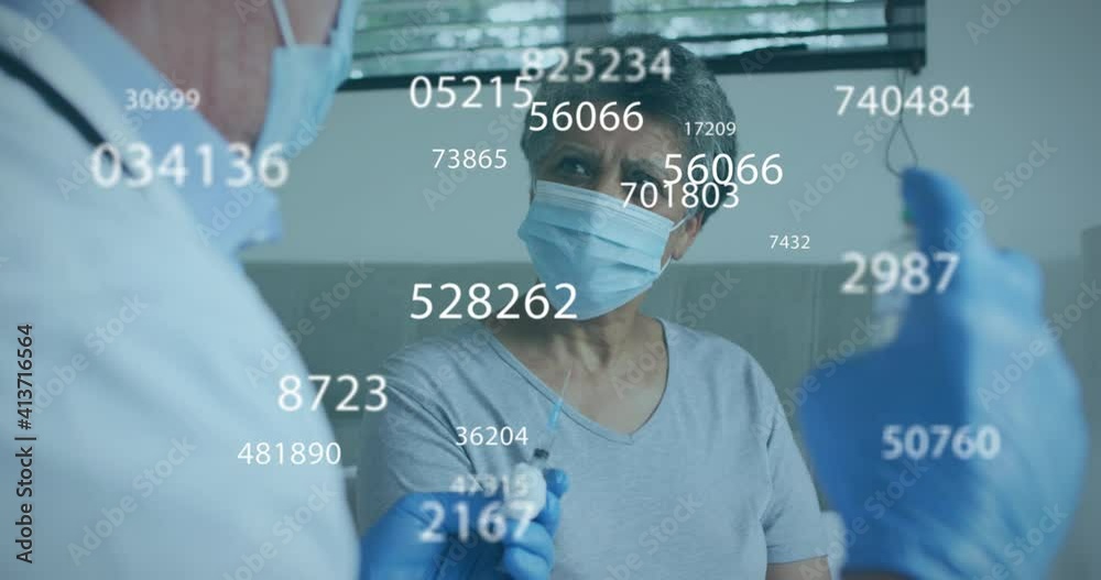 Animation of statistic numbers and masked woman with doctor holding vaccine vial Animation of statistic numbers and masked woman with doctor holding vaccine vial