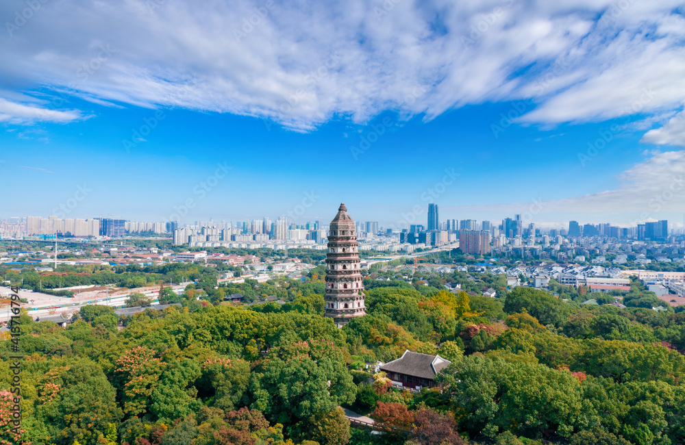Fototapeta premium “Huqiu Tower”, the second leaning tower in the world, List of national parks of China Tiger Hill, Suzhou, Jiangsu Province, China