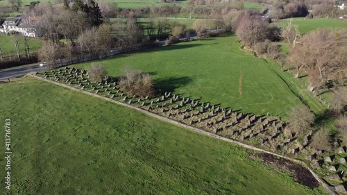 Aerial View from Siegfried Line, also known as Dragon Teeth. German defensive lines during the Second World War, near the city of Aachen. Backwards upward flight. photo