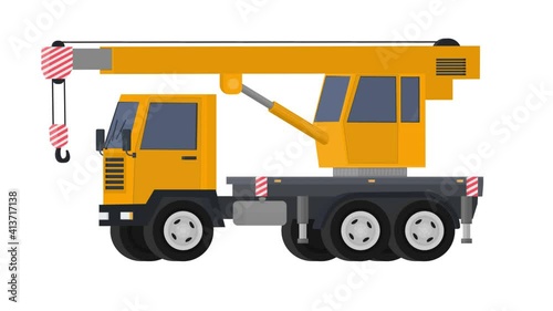 Truck with a crane. Construction equipment animation, alpha channel enabled. Cartoon