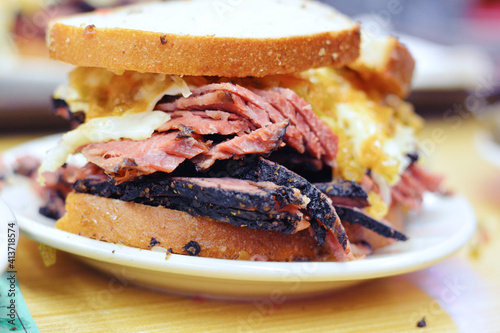 Corned beef pastrami sandwich with pickles