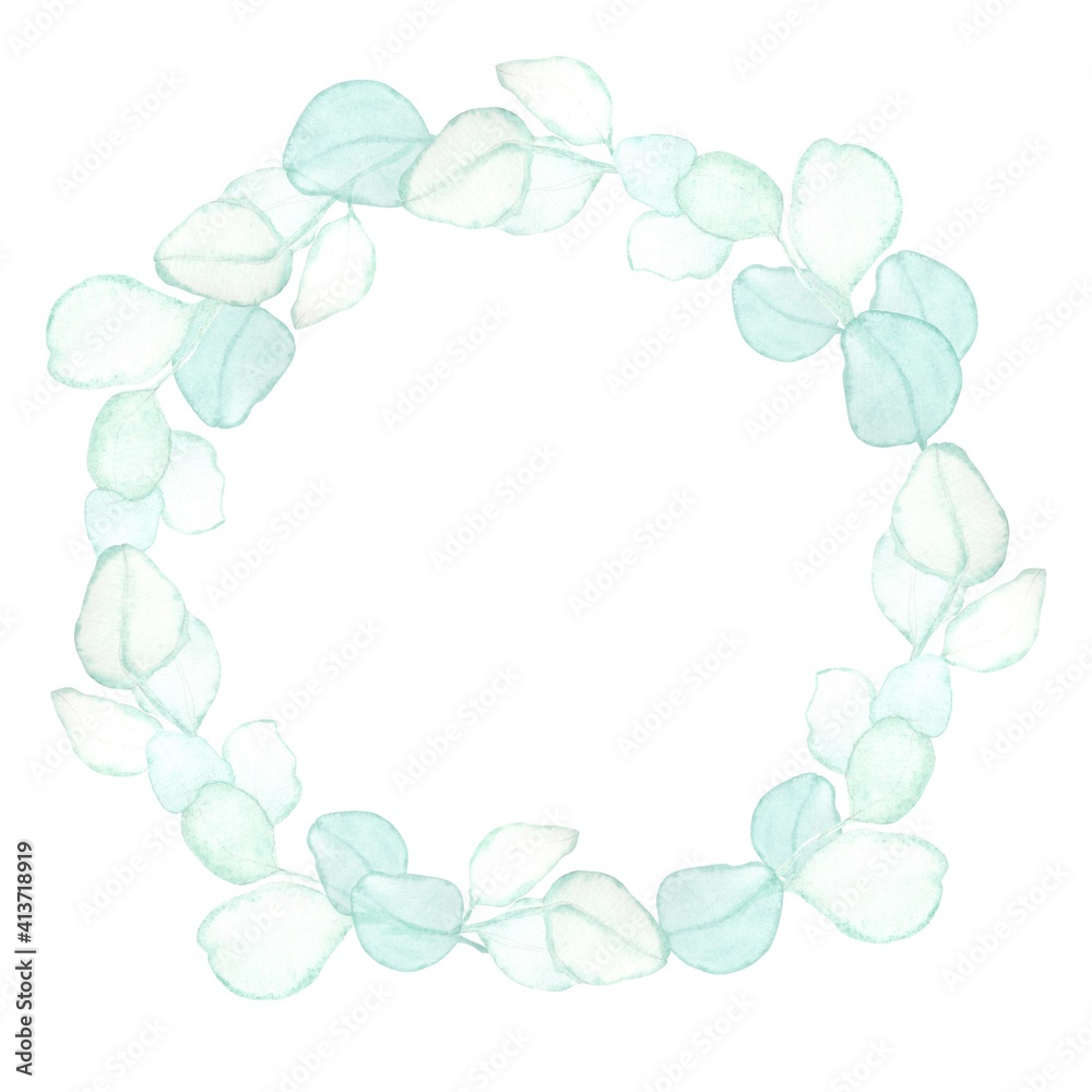 Round frame made of eucalyptus leaves in bed colors Round frame made of eucalyptus leaves in bed colors