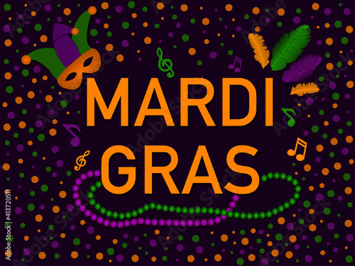 Madri Gras Celebration Vector with Masquerade Mask, Feathers, Music and Beads.