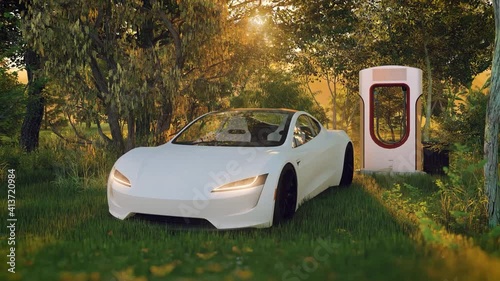 Electric car, electric vehicle beside charging station in public park side, no people, 3d render photo