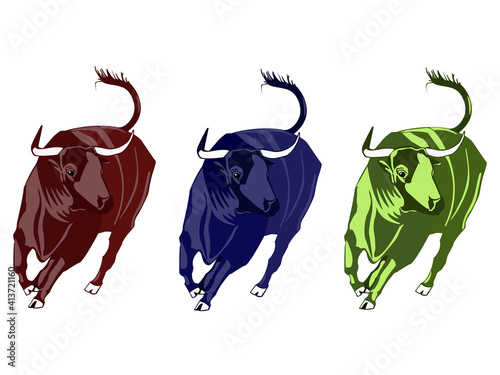 Set of three detailed spanish fighting bulls in shades of red, green and blue. For corrida design and other decoration