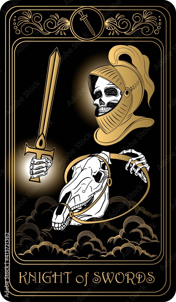 Knight of Swords. Card of Minor arcana black and gold tarot cards. Tarot deck. Vector hand drawn