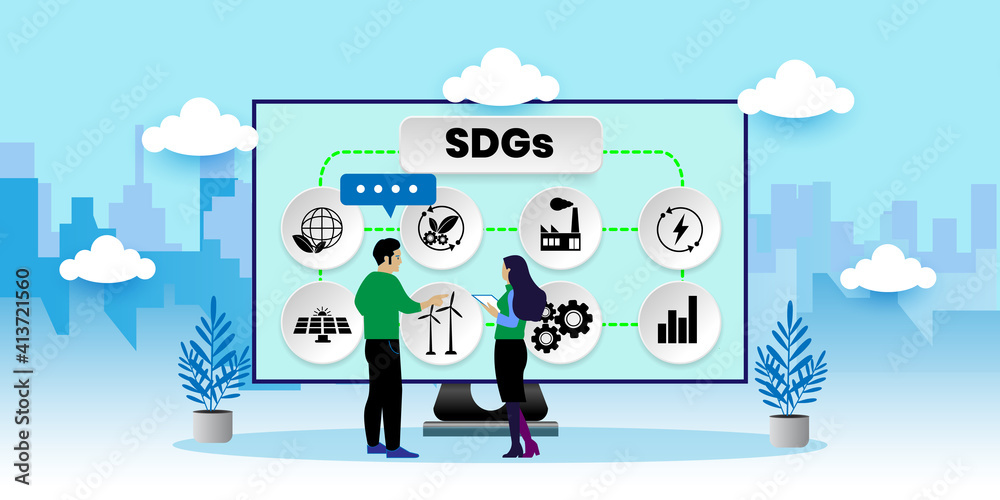 SDGs. Sustainable development goals. Industry Ecology Concept. With icons. Cartoon Vector People Illustration