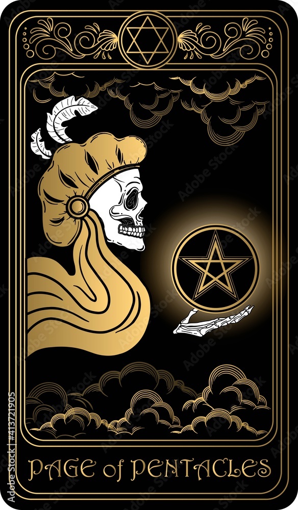 Page of pentacles. Card of Minor arcana black and gold tarot cards. Tarot  deck. Vector hand drawn illustration with skull, occult, mystical and  esoteric symbols. Stock Vector | Adobe Stock