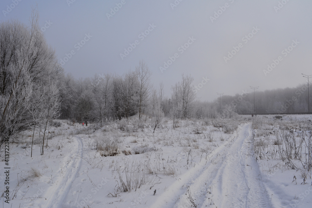 Winter landscape with snowy roads in overcast day.