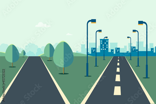 Cityscape scene with road two ways  and sky background vector illustration.Street to city and rural scene