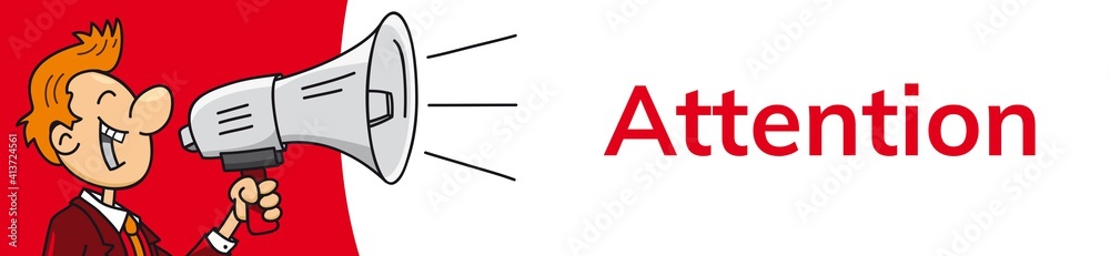 Mann mit Megafon, ATTENTION Banner, lachend im Anzug, Vektor, Illustration Mann mit Megafon, ATTENTION Banner, lachend im Anzug, Vektor, Illustration