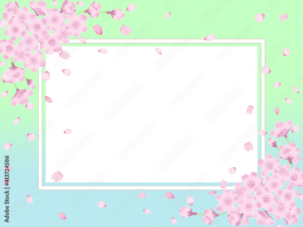 桜と花びらのフレーム－背景パステルグリーンと水色のグラデーション
