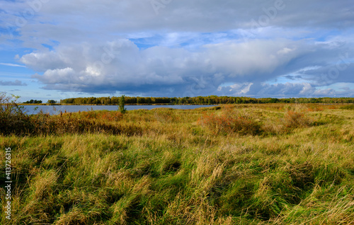 Lichtstimmung am Abend bei Zarrenzin mit Blick zur Insel Bock im Nationalpark Vorpommersche Boddenlandschaft  Mecklenburg Vorpommern  Deutschland