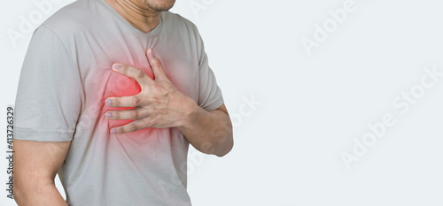 Man hands holding chest with symptom heart attack disease