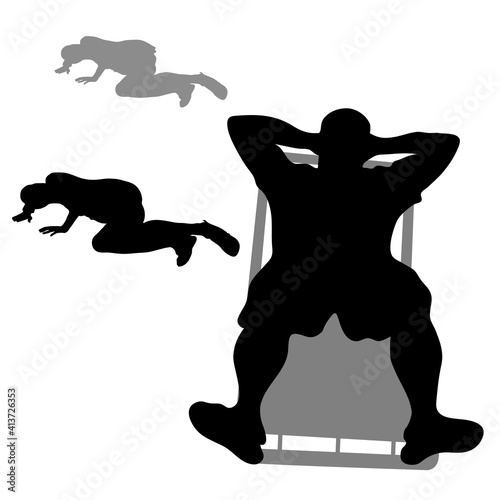 Vector silhouettes of lying people. Black silhouette of a man on a deck chair. Female silhouette, the girl lies on her side, hands behind the head, shorts, Isolated on white background