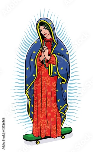 Virgin of Guadalupe 111 Virgin of Guadalupe on a skateboard. The Virgin Mary Vector Poster Illustration.