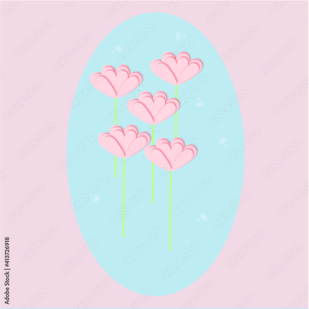 Obraz premium March 8. International Women's Day greeting card, pink flowers , blue background, pink oval frame, stock illustration