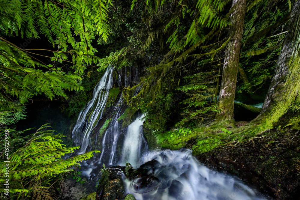 Scenic view of waterfall over rocks in forest Scenic view of waterfall over rocks in forest