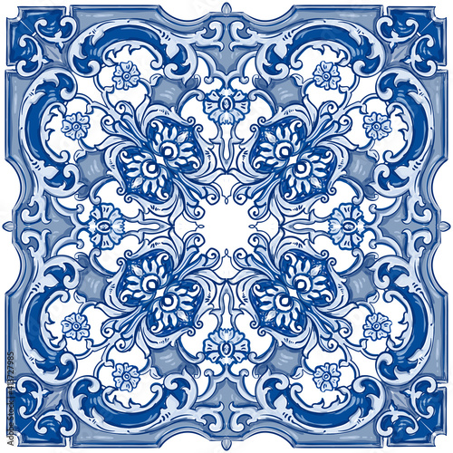 Azulejos - Portuguese tiles blue watercolor pattern. Traditional tribal ornament. Capri Maiolica