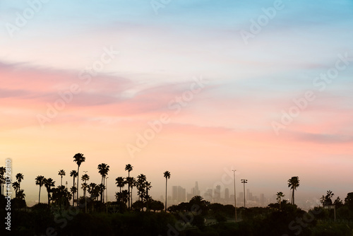 Low angle view of silhouette palm trees against sky in city during sunset