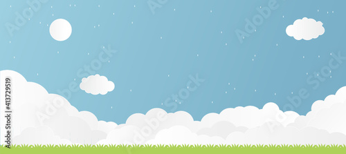 A lot of cloud paper cutting Mostly cloudy with grass along the lower edge Creative paper craft art style vector illustration